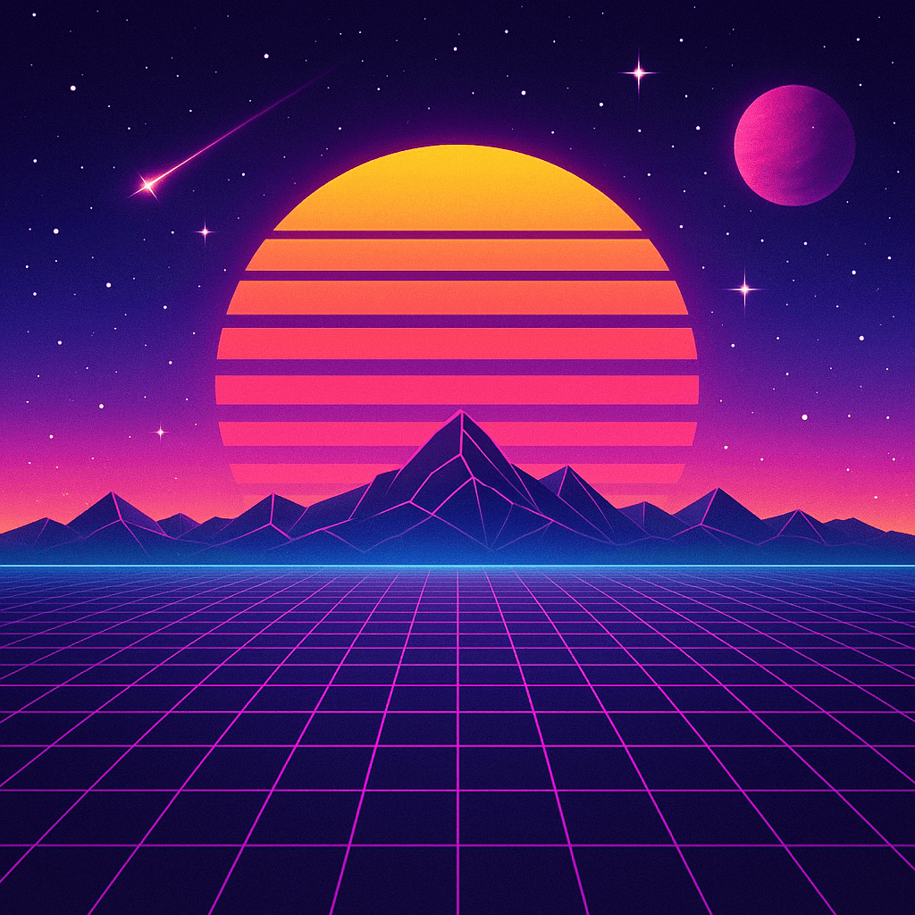 Marketing AI image: 
Retro 80s wave space, 1980s retro futuristic style background, digital landscape in the cyber world