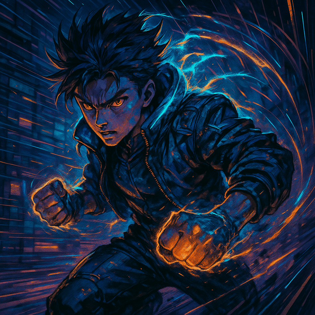 Marketing AI image: Dynamic action pose of a young warrior with spiky hair, determined expression, glowing energy aura,