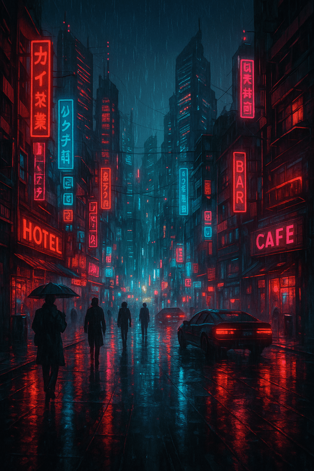 Marketing AI image: Cyberpunk cityscape at night, neon lights, rain-soaked streets, futuristic buildings, Blade Runner s