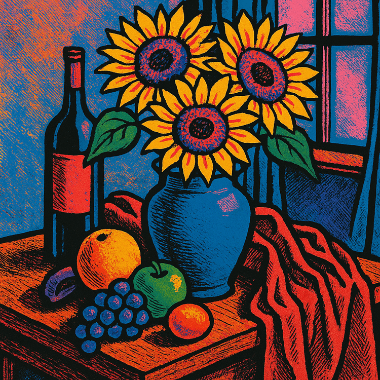 Still life with ceramic vase of sunflowers, fresh fruits, wine bottle, draped velvet fabric on wooden table, dramatic wi