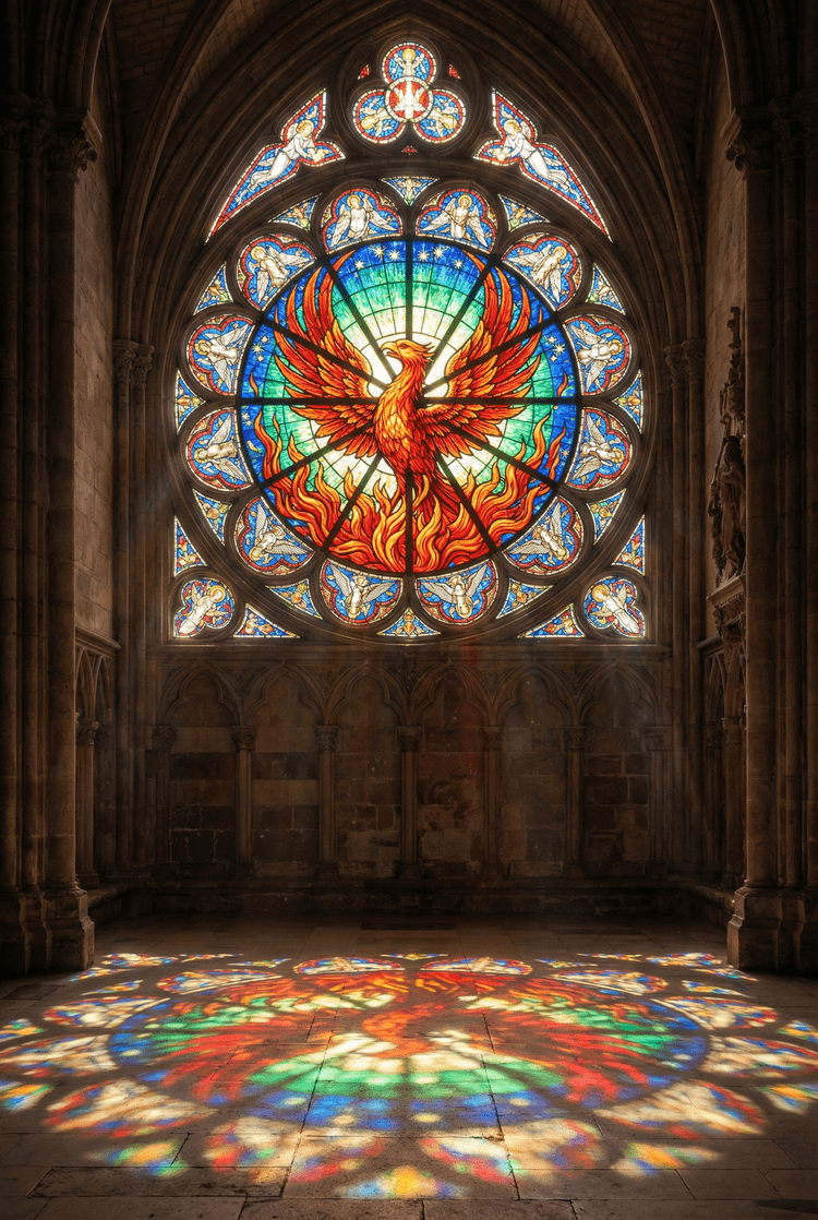 A magnificent gothic cathedral window design featuring a phoenix rising from flames, vibrant translucent colors of ruby