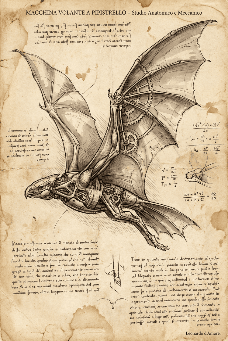 An intricate technical sketch of a futuristic flying machine with bat-like wings, sepia-toned parchment paper background
