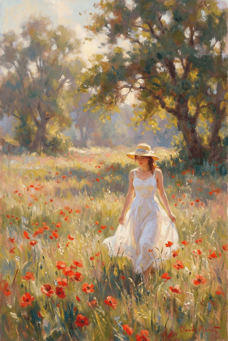 A portrait of a woman in a white summer dress walking through a field of red poppies, dappled sunlight filtering through