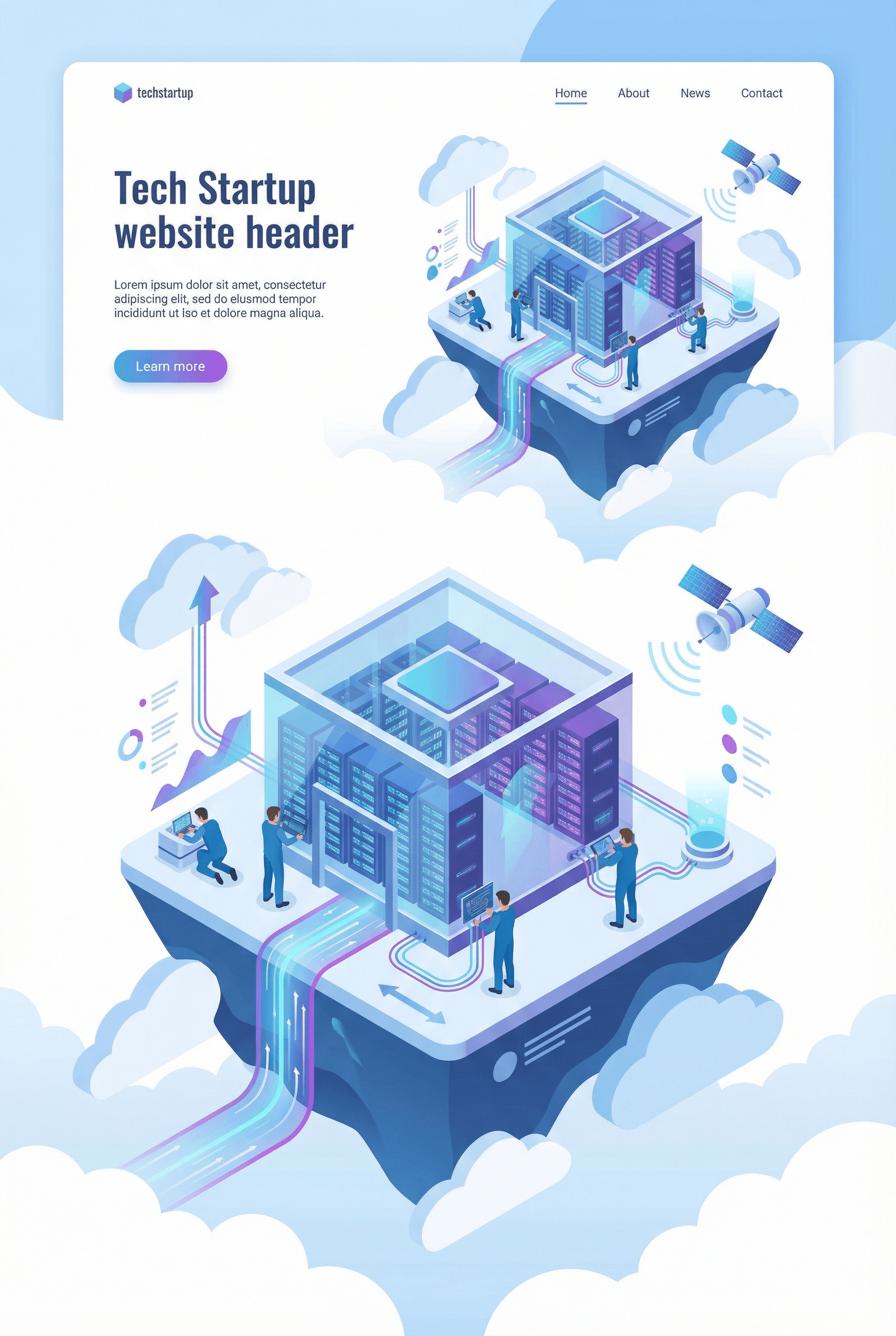 Isometric Style AI image: An isometric illustration of a cloud computing server room, floating island platform, miniature tech