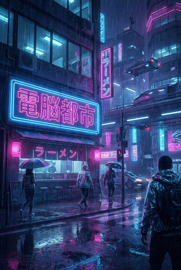 A futuristic rainy street corner at night illuminated by buzzing neon signs in electric blue and magenta, wet pavement r