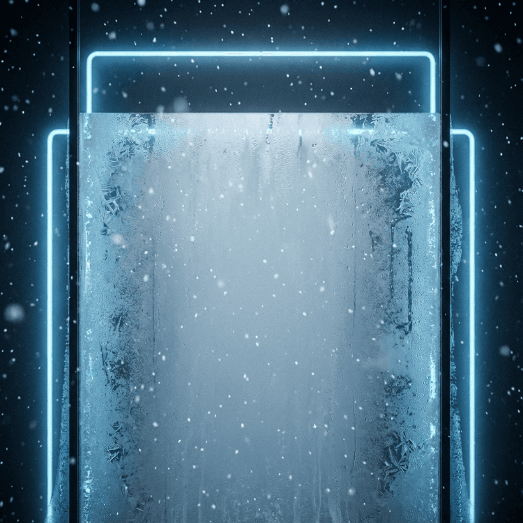 Winter sale banner background, frosty glass textures, soft snow particles, premium minimal composition, copy-safe space,