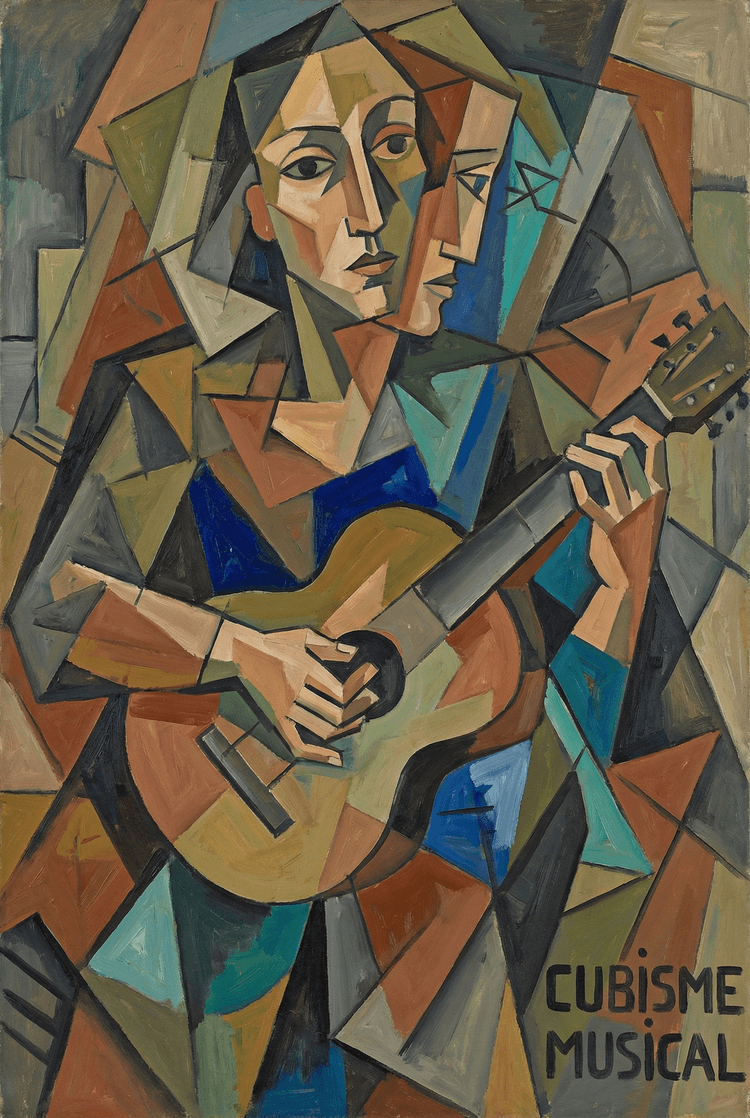 A fragmented geometric composition of a musician playing a guitar, multiple perspectives shown simultaneously, sharp ang