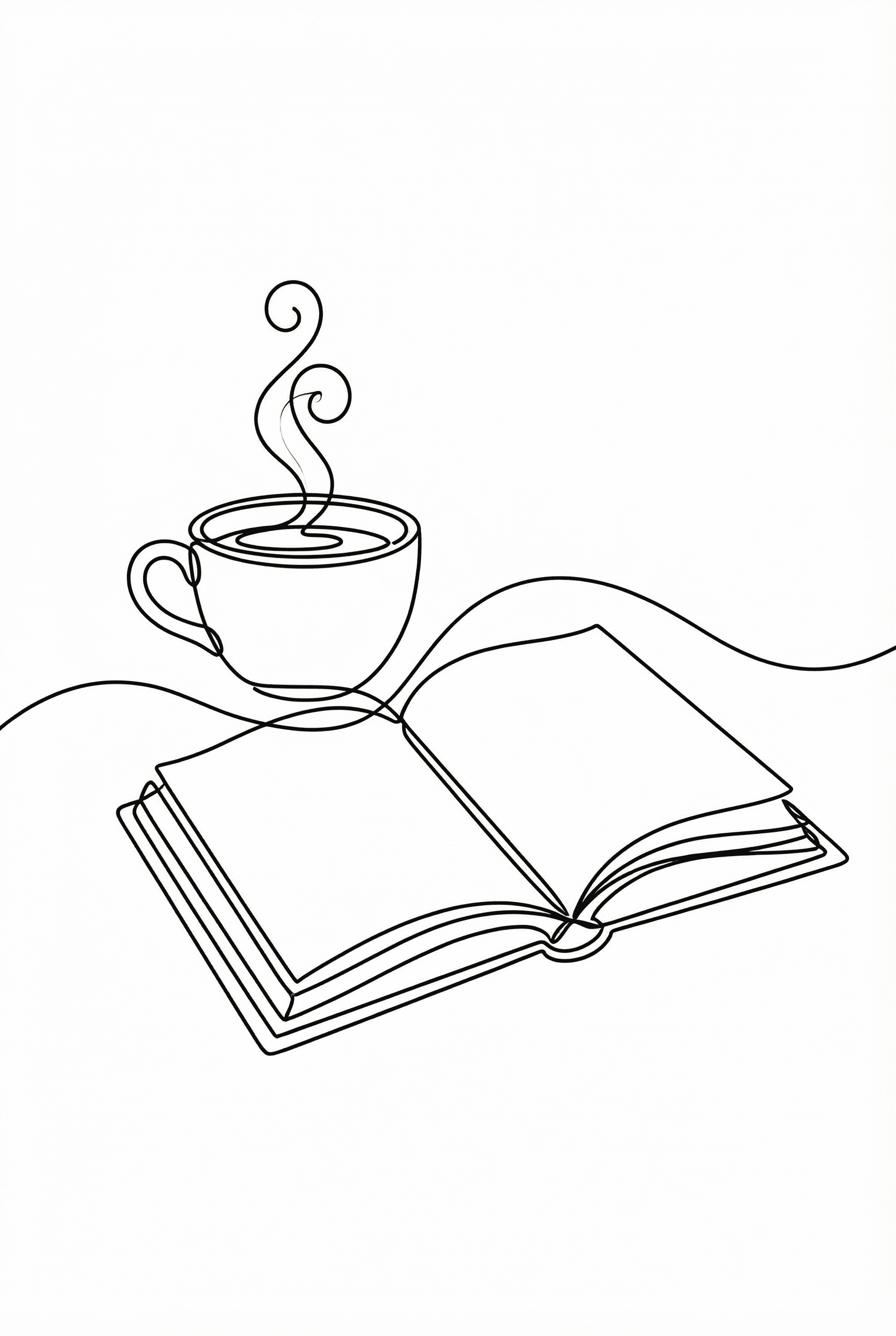 Line Art Style AI image: A continuous line drawing of a steaming cup of coffee and an open book, single fluid black line on a