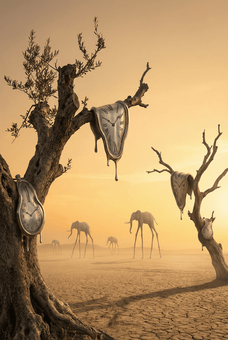 A vast barren desert landscape with melting pocket watches draped over dead olive trees, long-legged elephants walking i
