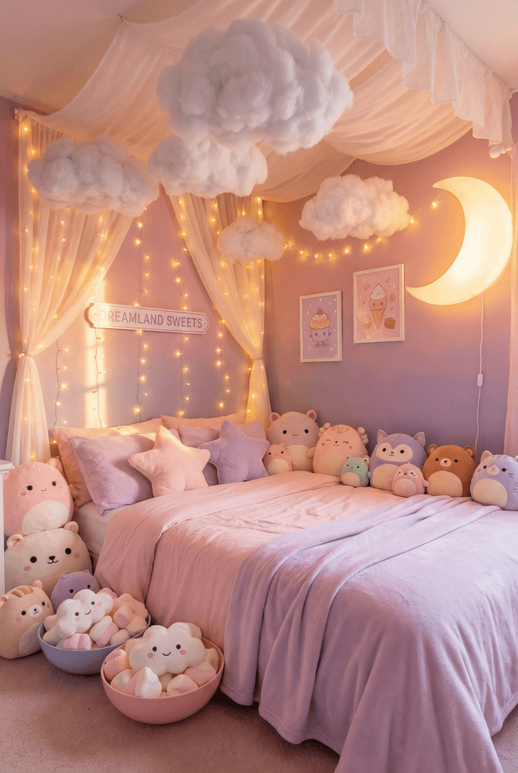 A dreamy bedroom interior with fluffy clouds floating near the ceiling, soft pastel pink and lavender color palette, mar