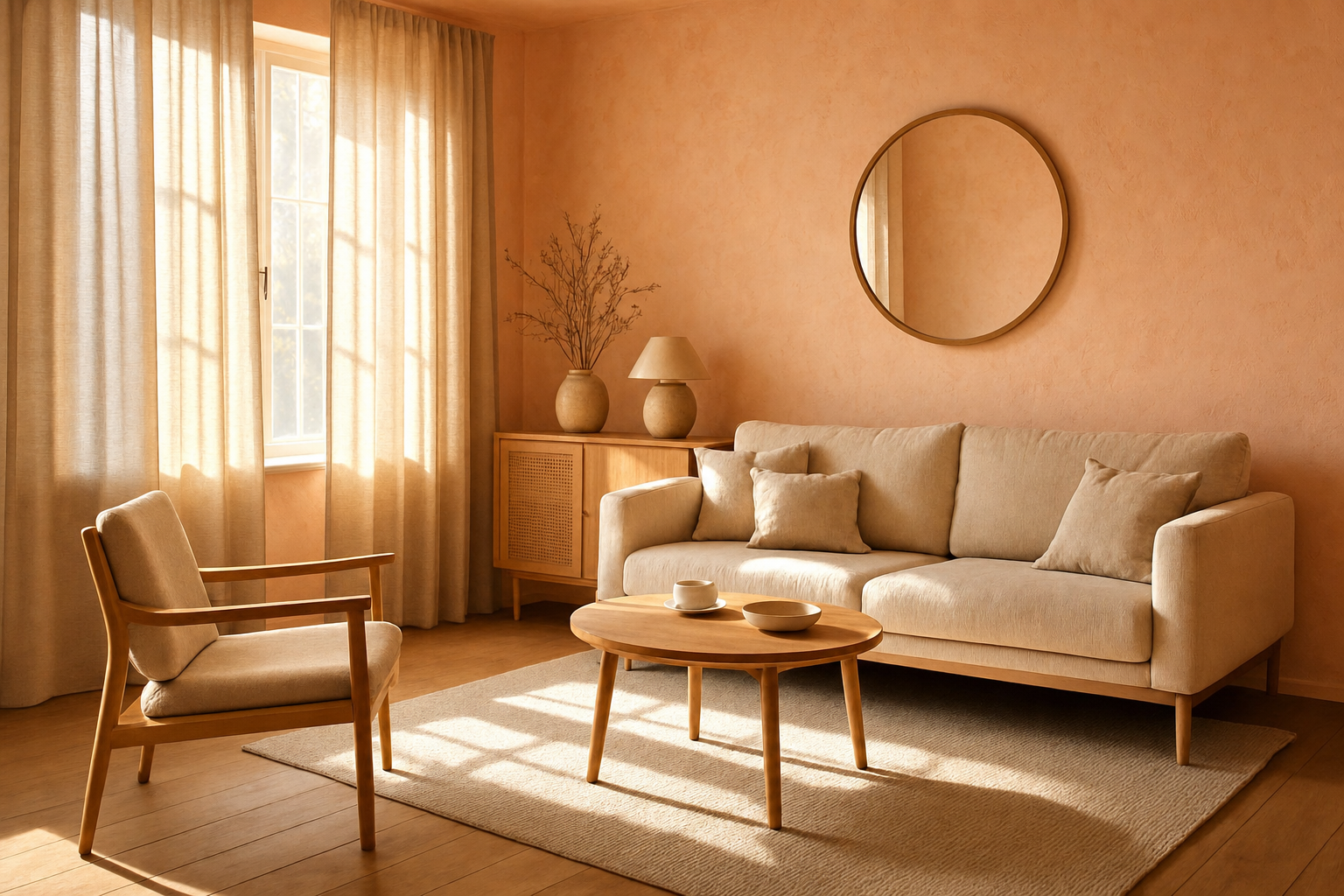 The same room after the edit: peach plaster walls and warm Mediterranean summer light