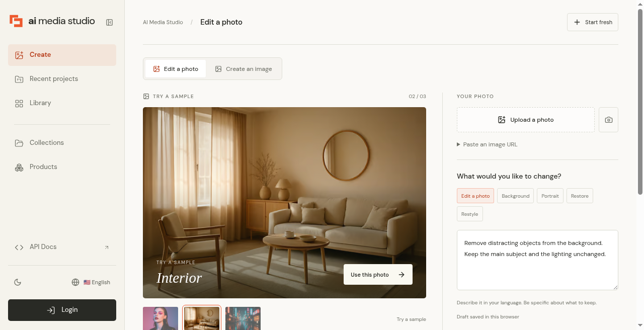 Logged-out Edit a photo screen with a sample Interior photo and an Upload a photo control