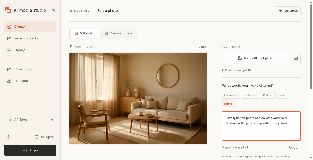 Same editor after using the sample photo, with a restyle instruction in the prompt box