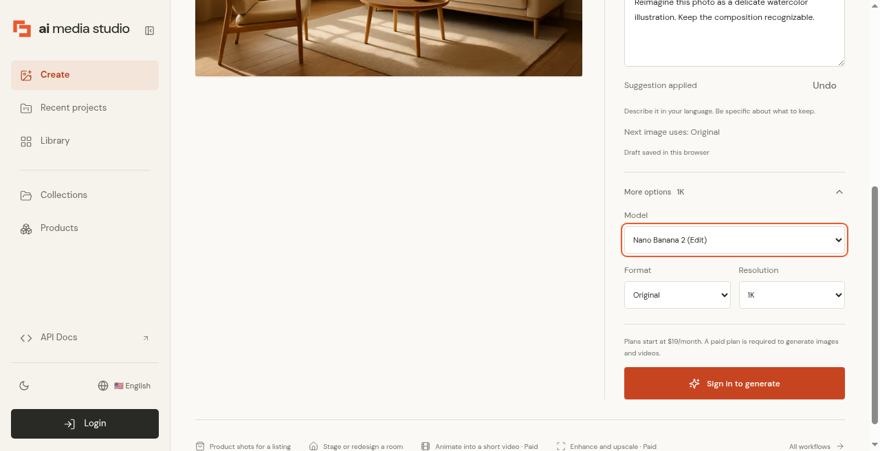 Editor with a model selected, plans-from-$19 copy and a Sign in to generate button