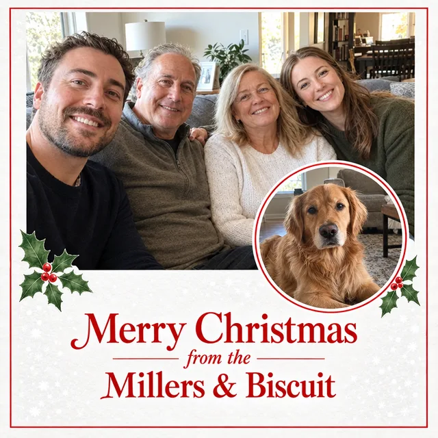 White card with the family photo at the top, the dog in a round inset and Merry Christmas from the Millers & Biscuit