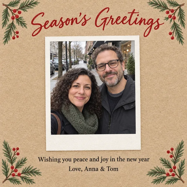 Kraft paper holiday card with the couple in a polaroid frame, Season’s Greetings above and a two-line message below