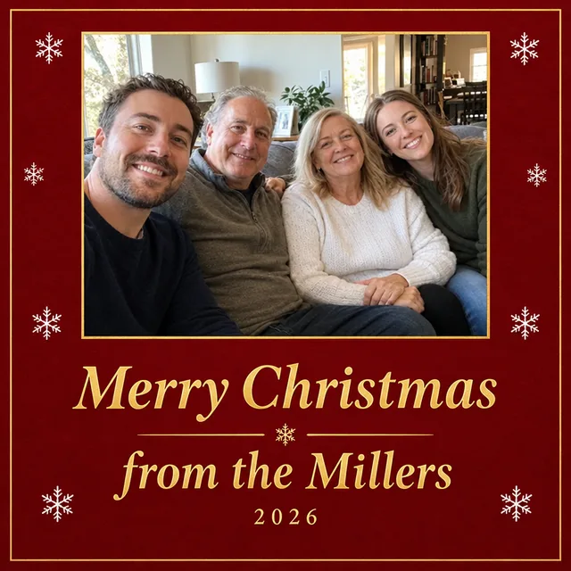 Square red Christmas card with the family photo in a gold frame and Merry Christmas from the Millers 2026 in gold