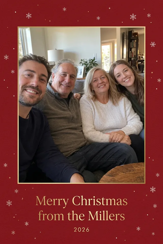 Portrait red Christmas card with the family photo and Merry Christmas from the Millers 2026