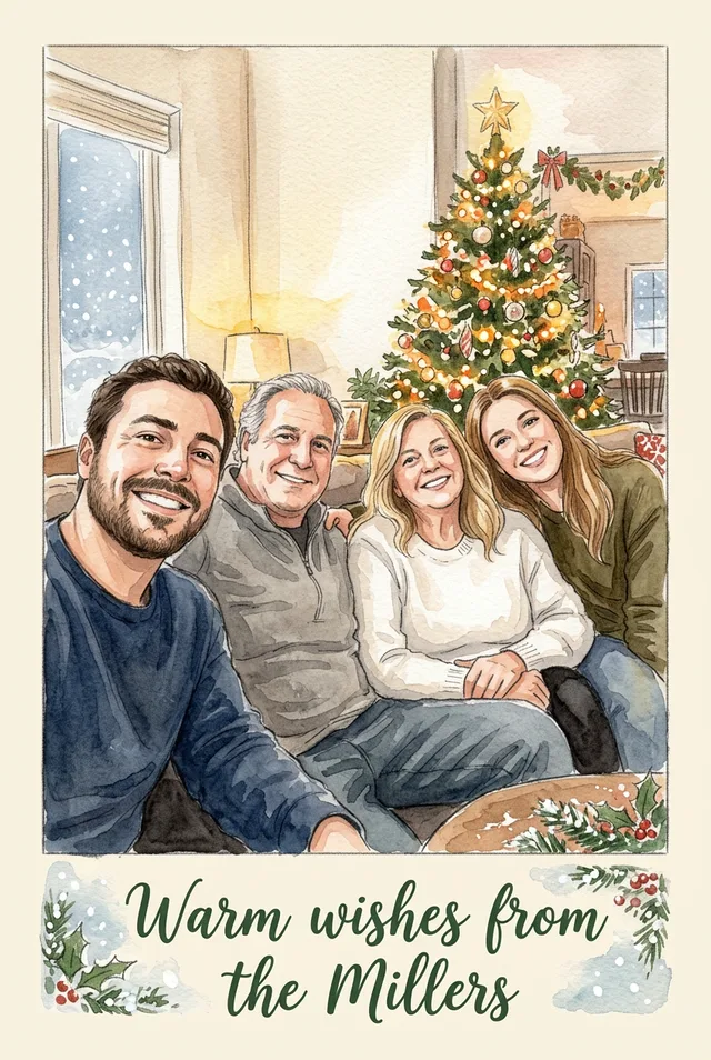 Watercolour illustration of the same four people in front of a Christmas tree with Warm wishes from the Millers below
