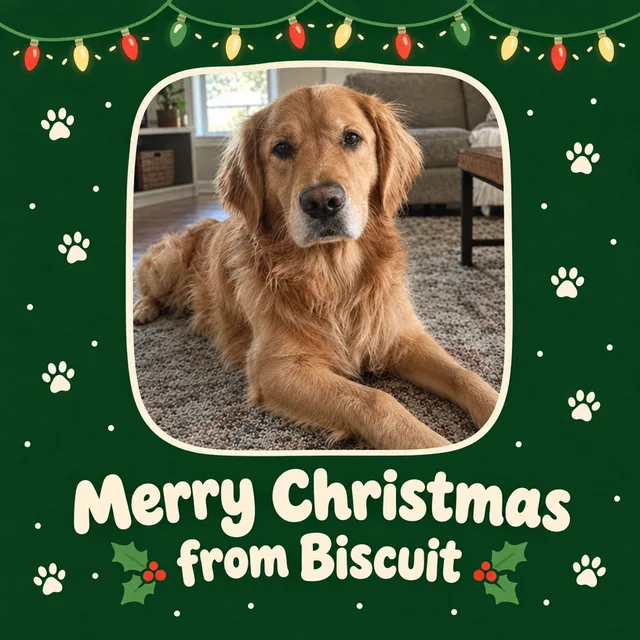 Dark green card with paw prints and string lights, the golden retriever in a rounded frame and Merry Christmas from Biscuit