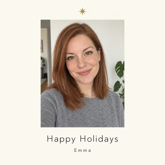 Cream card with the woman’s portrait, a small gold star, Happy Holidays and Emma below