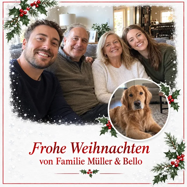 Weiße Karte mit dem Familienfoto oben, dem Hund in einem runden Bild und Frohe Weihnachten von Familie Müller & Bello