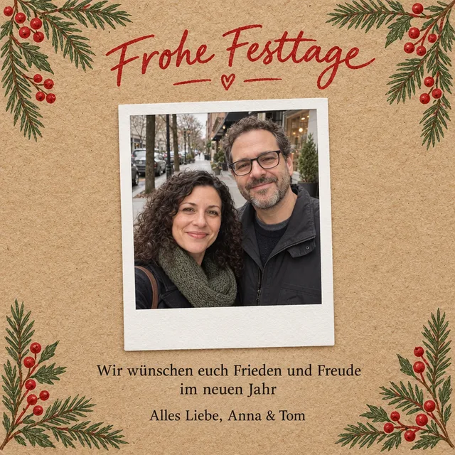 Karte auf Kraftpapier mit dem Paar im Polaroid-Rahmen, Frohe Festtage darüber und einer zweizeiligen Nachricht darunter
