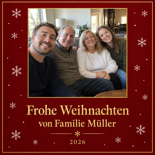 Quadratische rote Weihnachtskarte mit dem Familienfoto im Goldrahmen und Frohe Weihnachten von Familie Müller 2026 in Gold