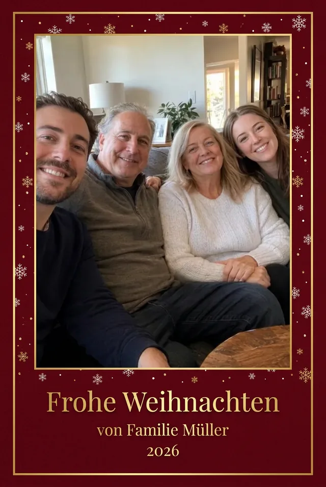 Rote Weihnachtskarte im Hochformat mit dem Familienfoto und Frohe Weihnachten von Familie Müller 2026