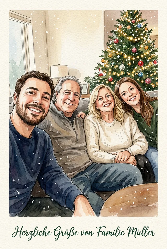 Aquarell der gleichen vier Personen vor einem Weihnachtsbaum mit Herzliche Grüße von Familie Müller darunter