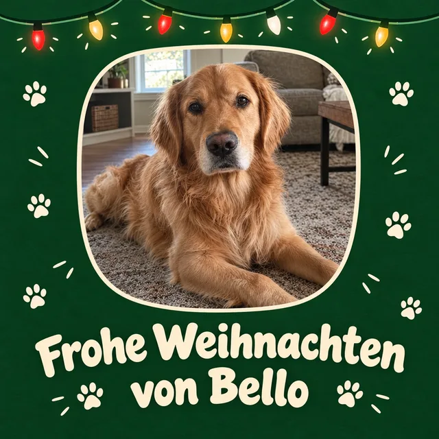 Dunkelgrüne Karte mit Pfotenabdrücken und Lichterkette, der Golden Retriever im abgerundeten Rahmen und Frohe Weihnachten von Bello