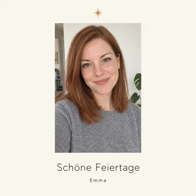 Cremefarbene Karte mit dem Porträt der Frau, einem kleinen goldenen Stern, Schöne Feiertage und Emma darunter