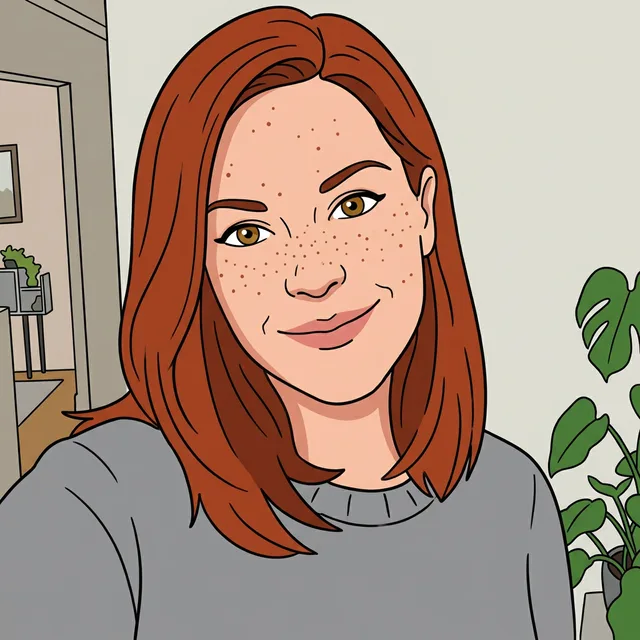 A flat 2D cartoon of the woman with bold outlines and freckles