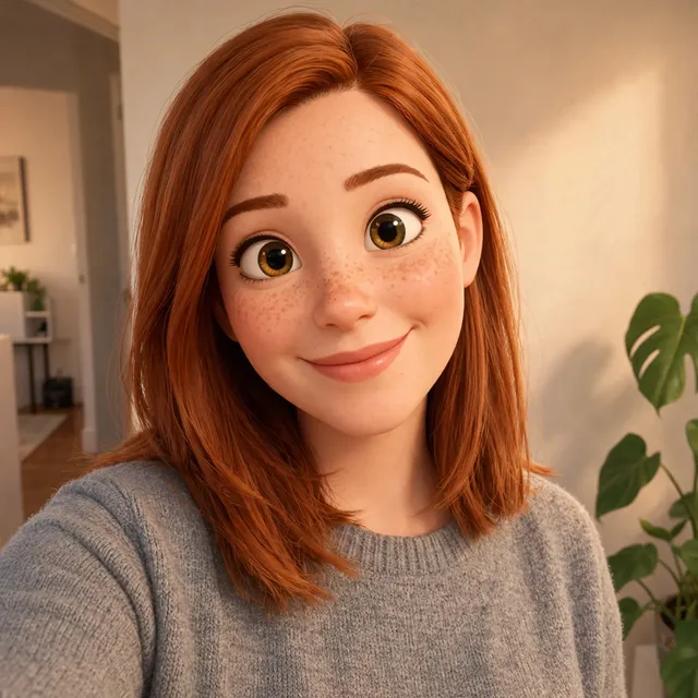 A 3D animated version of the woman with freckles and big brown eyes