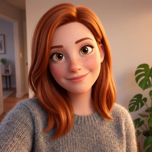A 3D animated version of the woman with red hair, freckles and big brown eyes