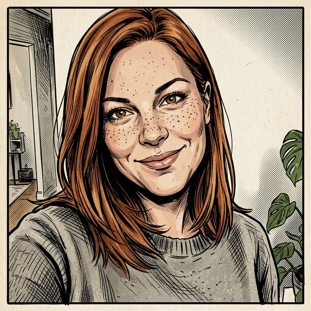 A comic book panel of the woman with ink lines and halftone shading
