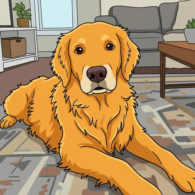 A flat 2D cartoon of the golden retriever lying on the rug
