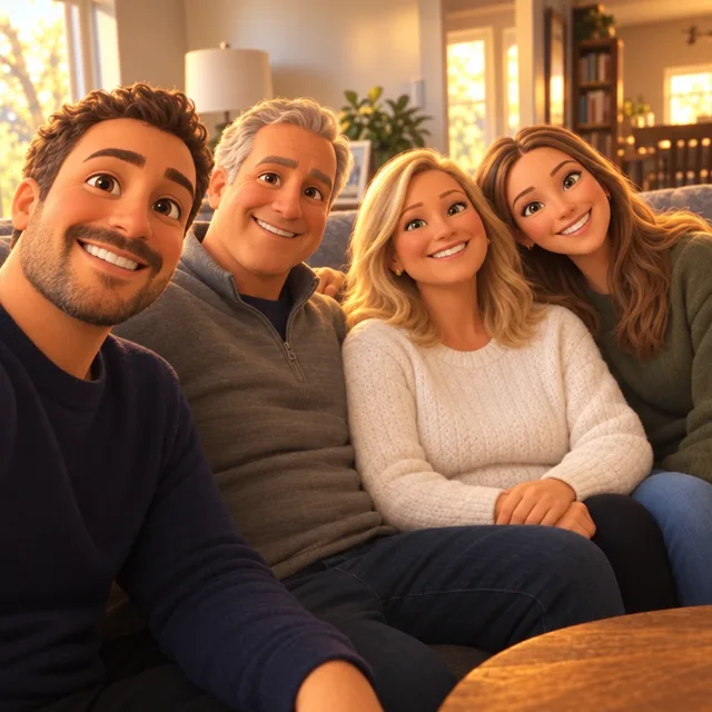 The family as more stylised 3D characters, the mother looking younger