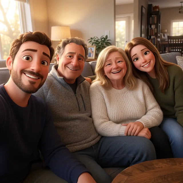The family of four as 3D animated characters on the same sofa