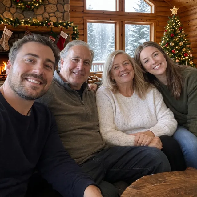 The same four people in a wooden cabin with a stone fireplace, stockings, a tree and snow outside