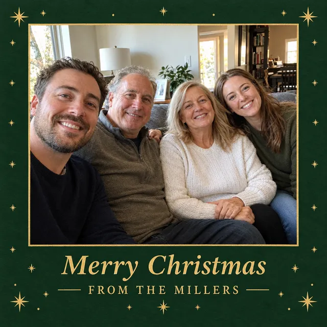 Christmas card with a dark green star border and the greeting Merry Christmas from the Millers