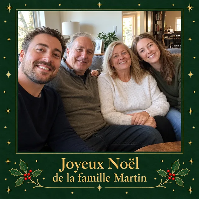 Carte de Noël avec un cadre vert foncé à petites étoiles dorées, du houx et le message Joyeux Noël de la famille Martin