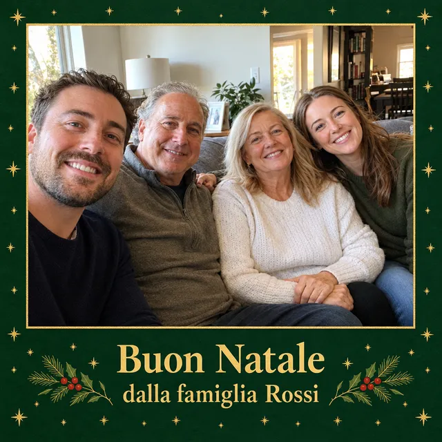 Biglietto di Natale con cornice verde scuro a stelline dorate e la scritta Buon Natale dalla famiglia Rossi