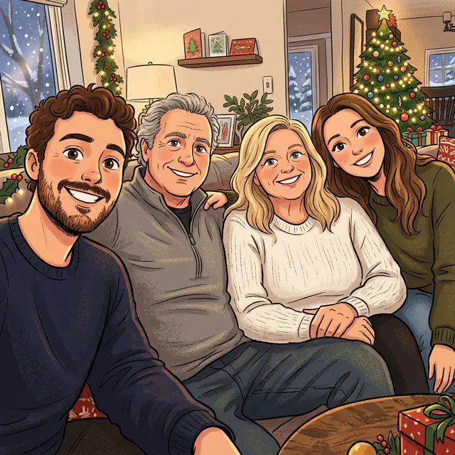 Hand-drawn Christmas cartoon of the same four people with a decorated tree and snow outside