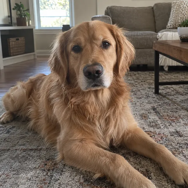 Synthetic source photo: a golden retriever lying on a living room rug