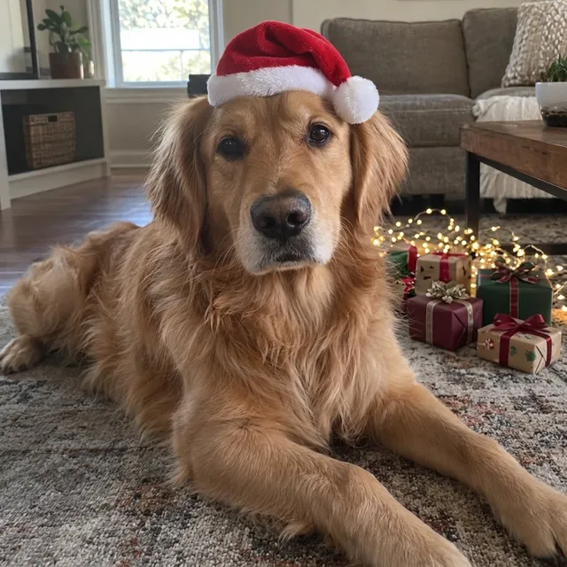 The same golden retriever wearing a small Santa hat, with presents and lights behind it