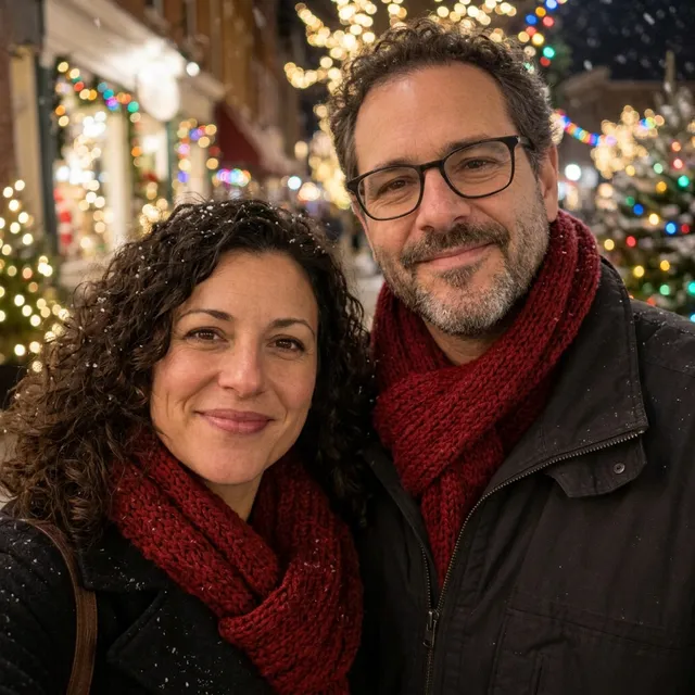 The same couple in deep red scarves in front of blurred Christmas lights and light snow