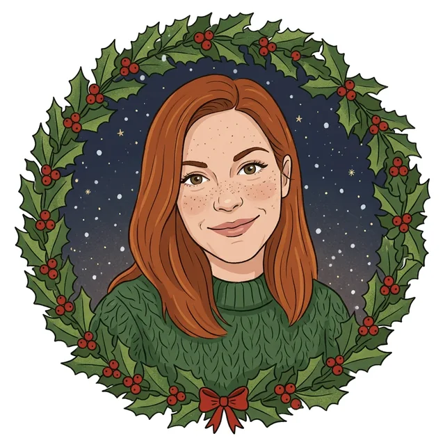 Hand-drawn illustration of the same woman inside a round holly wreath with light snow