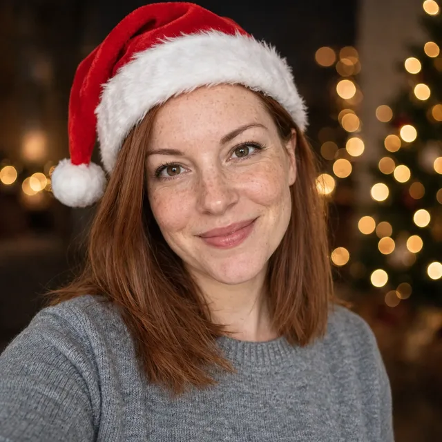The same woman in a red Santa hat in front of blurred warm Christmas lights