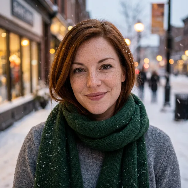 The woman on a snowy evening street in a green scarf, with shorter, darker hair than in the source photo